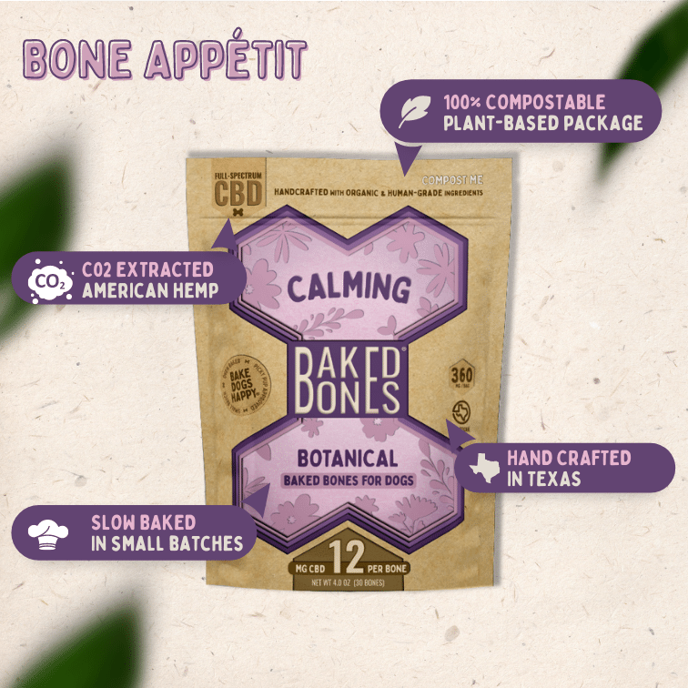 Image of the BakedBones Kraft bag with purple bone labeled