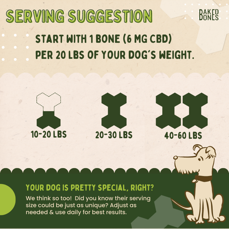 Image of a serving suggestion guide showing how much BakedBones to give based on dog's weight; half bone for 10-20 lbs, 1 bone for 20-30 lbs, and two bones for 40-60 lbs.  “Generally, we recommend starting with 1 bone (6 mg CBD) per 20 lbs of your dog’s weight.”