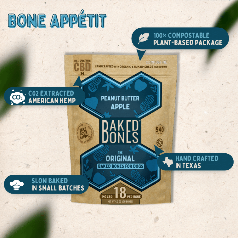 Image of the BakedBones Kraft bag with blue bone labeled 