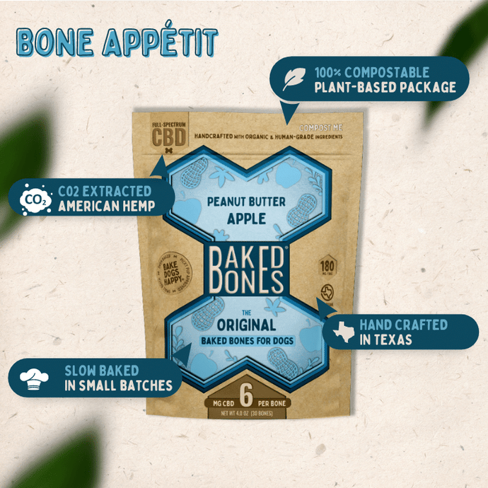 Image of the BakedBones Kraft bag with blue bone labeled 