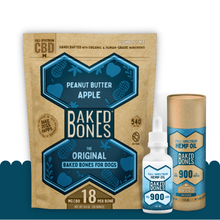 Image of a kraft bag with a large blue bone next to a small white tincture bottle and a cardboard tube of the same size.  The bag is labeled “PEANUT BUTTER APPLE,” “BAKEDBONES,” “THE ORIGINAL BAKED BONES FOR DOGS,” and “18 MG CBD PER BONE.”  The tincture bottle and tincture tube are labeled “FULL-SPECTRUM HEMP OIL,” “BAKEDBONES,” and “1200 MG CBD.”